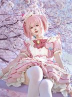 Strawberry Theme Sweet Lolita OP with Apron, Sakura Pink Striped Pattern - Sakurahime | CoyBunny