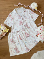 White Sweet Bear Print Short Sleeve Top and Shorts Sleep Set - Versatile girl | CoyBunny