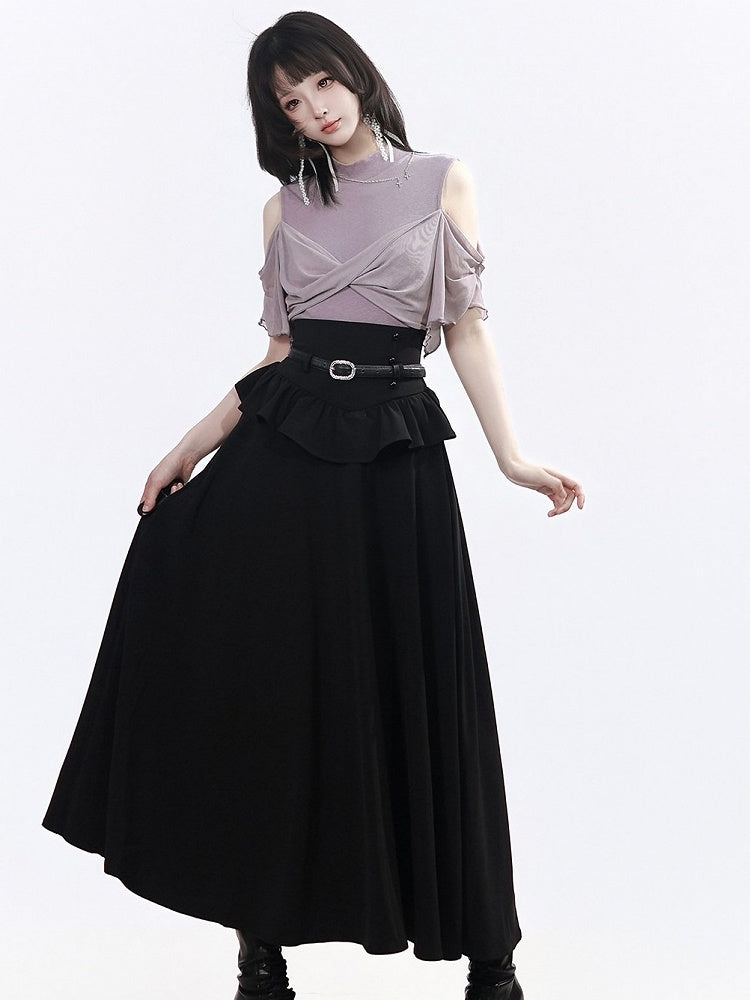 Black Ruffle Trim Long Skirt - PINK SAVIOR | CoyBunny