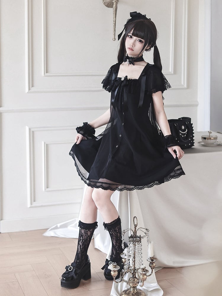 Gothic Square Neck Dress with Bow Accents - Ekomi | CoyBunny
