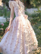 Graceful Pink Floral Lace JSK Dress with Brooch Set | CoyBunny