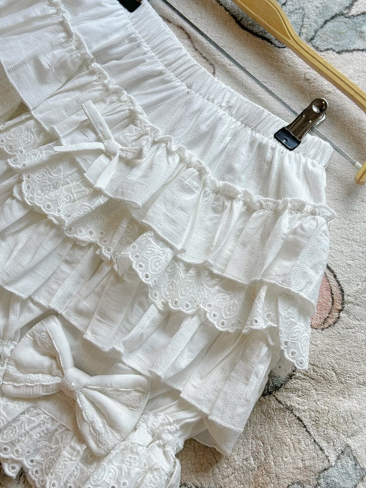 Sweet Lolita White Cotton Bloomers with Tiered Ruffles & Bow | CoyBunny
