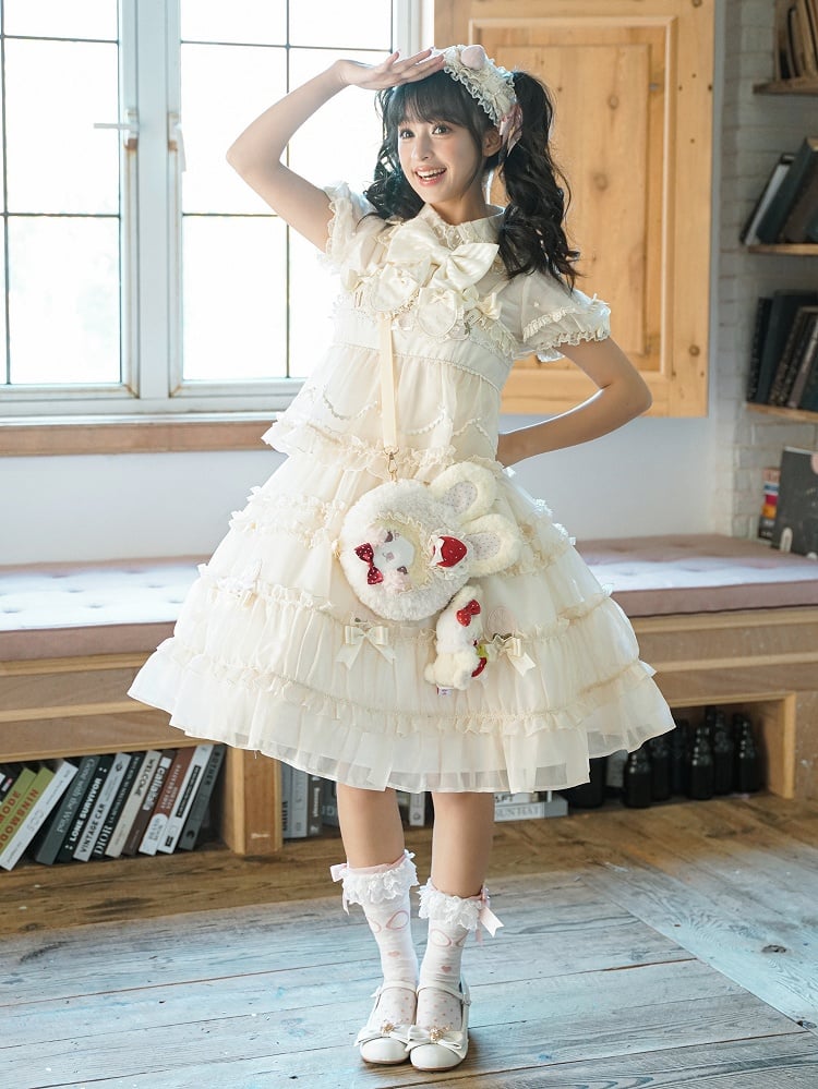 Beige Bow Accents Ruffle Trimming Sweet Lolita Layered-Look Dress | CoyBunny
