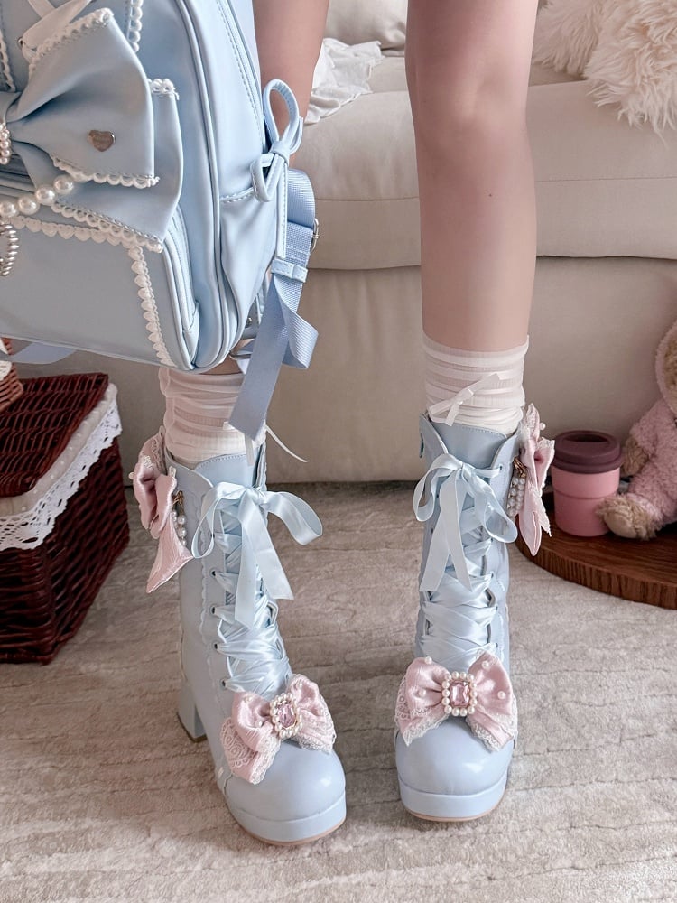 Blue Sweet Lolita Boots with Rhinestone Accents - Sheep Puff | CoyBunny