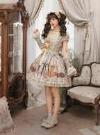 Green Cat Print Square Neckline Sweet Lolita JSK Dress with Plush Cat Patch - NyaNya | CoyBunny