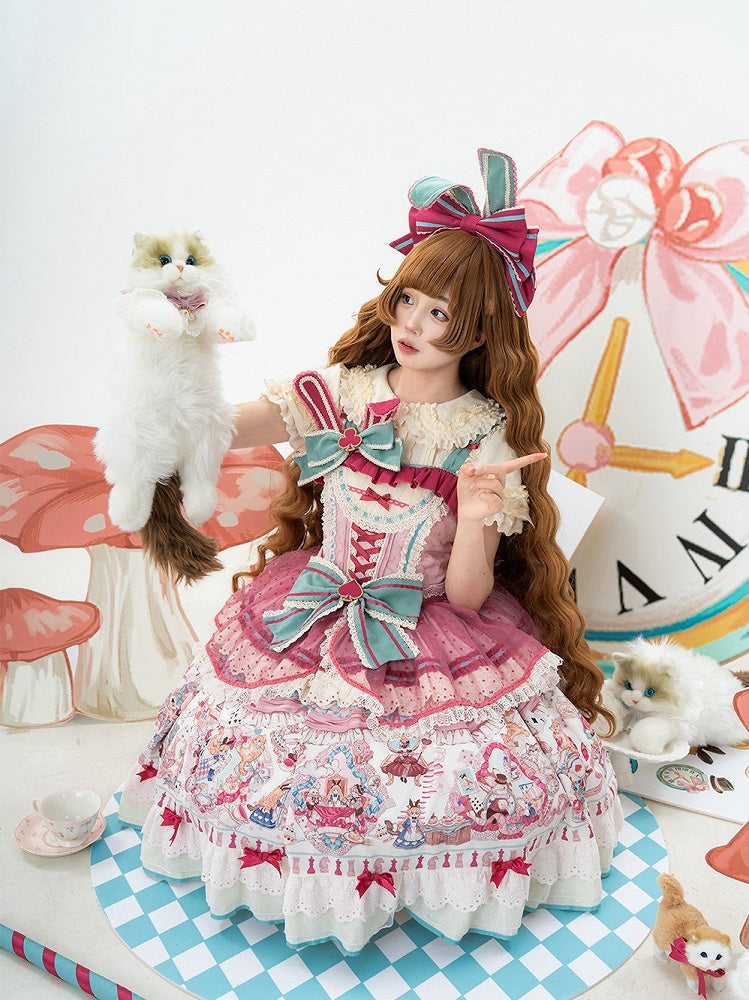 Pink & Green Alice Cat Vibes Sweet Lolita Jumper Skirt with Polka-dot Apron - Mewroco | CoyBunny