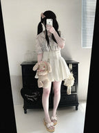 Bunny Ear Bow Collar Blouse, Short Sleeve, Pink & White Print - Kitty Bxllet | CoyBunny