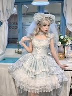 Hime Basque Flower Lace Layered Fluffy Lolita Dress Blooming with Blue Accents Waist | Sheer Ocean | CoyBunny