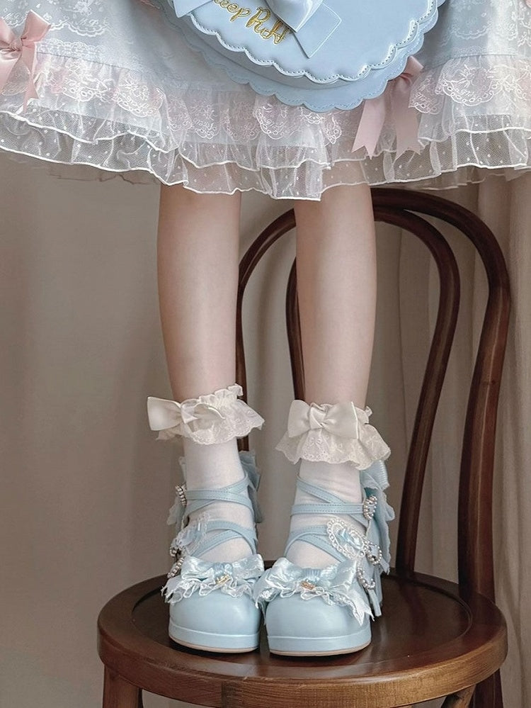 Sweet Lolita Blue Heart Crystal Platform Shoes with Bow - Sheep Puff | CoyBunny