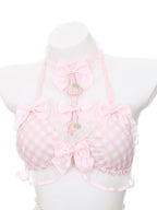 Sweet Strawberry Themed Light Pink Gingham Two-Piece Swimsuit Set Halter Top and Skirted Swim Brief - To Alice | CoyBunny