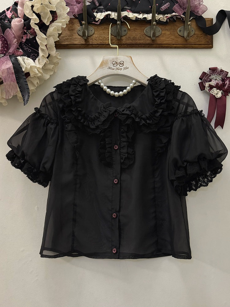 Gray/Pink Sweet Short Puff Sleeve Lolita Blouse | CoyBunny