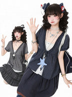 Gray Plaid V Neck Short Sleeve Top - Languid Park | CoyBunny