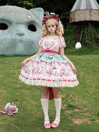 Pink & Green Alice Cat Vibes Heart-shaped Patch Sweet Lolita Dress with Apron Belt - Mewroco | CoyBunny