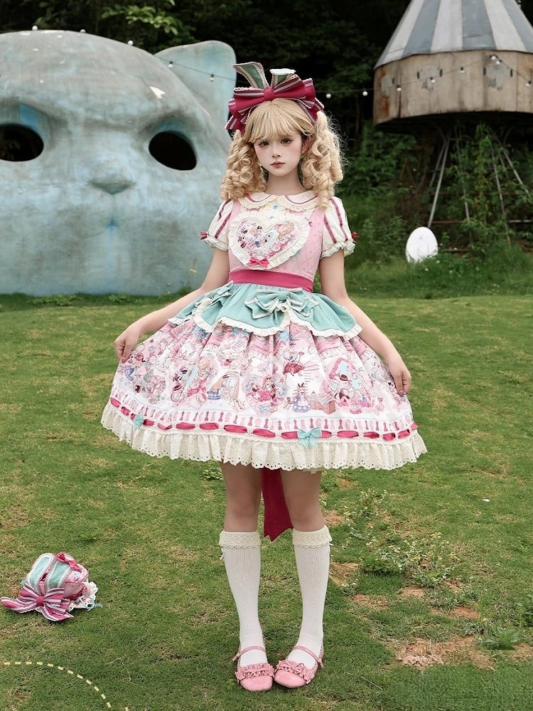 Pink & Green Alice Cat Vibes Heart-shaped Patch Sweet Lolita Dress with Apron Belt - Mewroco | CoyBunny