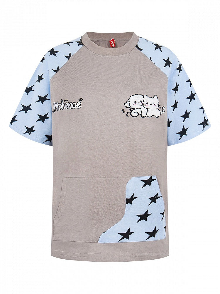 Gray Star Pattern Short Sleeve Top with Kitty Embroidery - Languid Park | CoyBunny