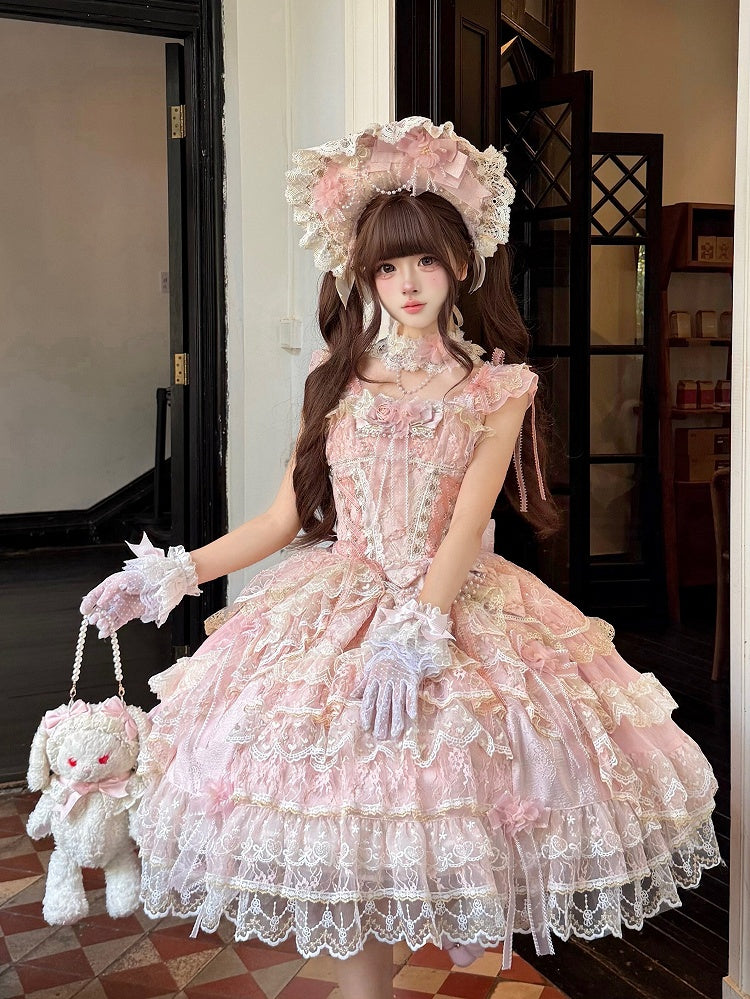 Pink Layered JSK Dress with Floral Bow Accents - Pear Island Sweet Tea | CoyBunny