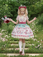 Pink & Green Alice Cat Vibes Heart-shaped Patch Sweet Lolita Dress with Apron Belt - Mewroco | CoyBunny