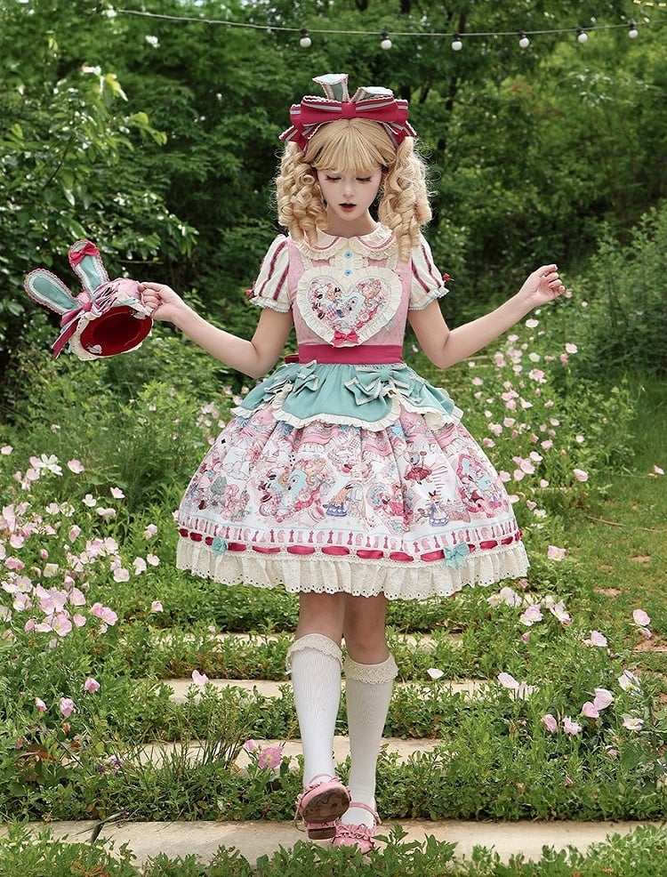Pink & Green Alice Cat Vibes Heart-shaped Patch Sweet Lolita Dress with Apron Belt - Mewroco | CoyBunny