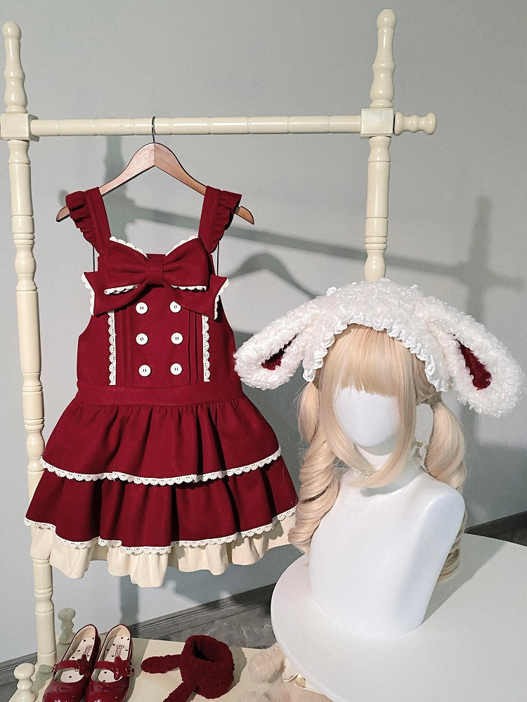 Sweet Winter Lolita Tiered Overall Dress in Red with Bunny Ear Hairband - With PUJI | CoyBunny