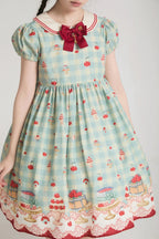 Mint Green High-Waisted Cherry and Dessert Print Sweet Lolita Gingham Dress | CoyBunny