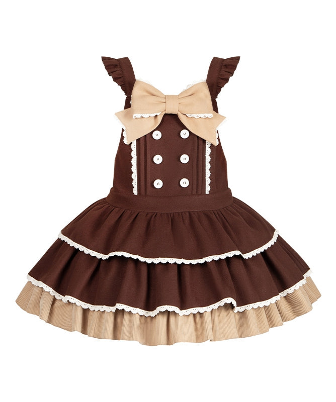 Sweet Lolita Overall Dress in Coffee with Dropped Waist Bow and Tiered Hem - With PUJI | CoyBunny