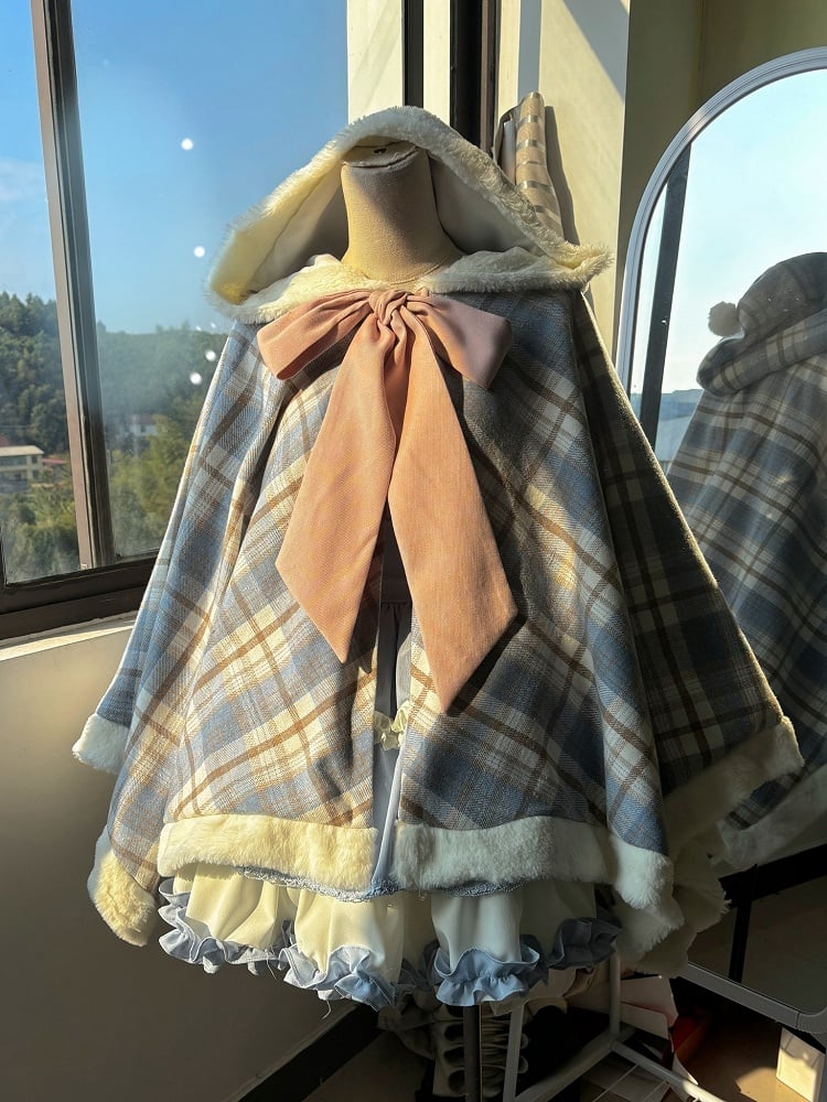 Blue Plaid Pattern Self-tie Big Bow Neckline Hooded Cape Coat | CoyBunny