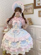 Cute Blue Pink Lolita JSK Dress Set with Bonnet | Sweet Gown