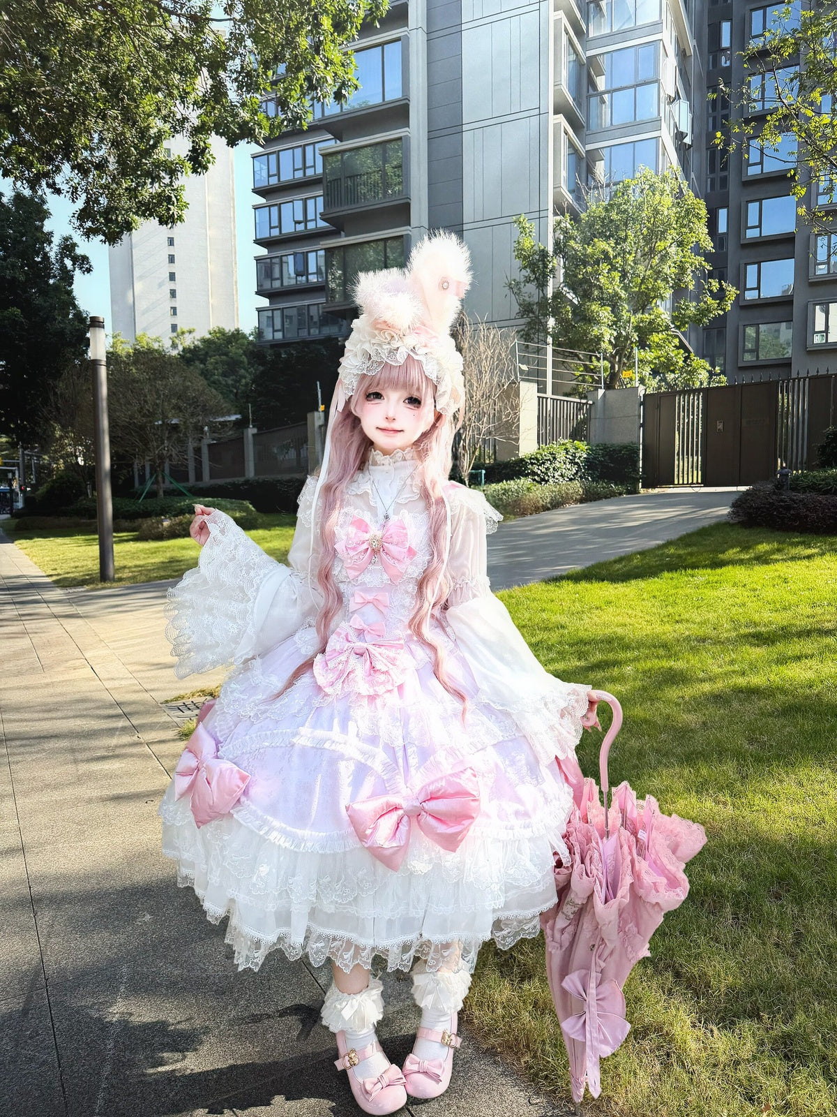 Pink-Purple Lolita JSK Suspender Dress with Train & Headband