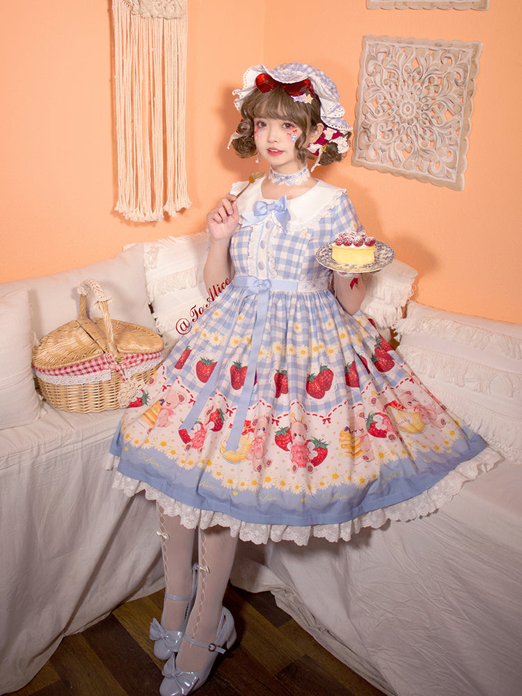 Light Blue and Wine Red Plaid Strawberry and Bear Print Cottagecore Country Dress Sweet Lolita OP | CoyBunny
