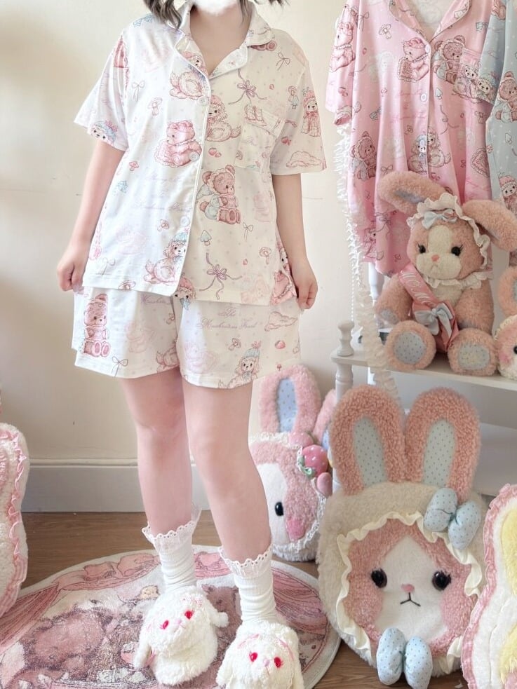 White Sweet Bear Print Short Sleeve Top and Shorts Sleep Set - Versatile girl | CoyBunny