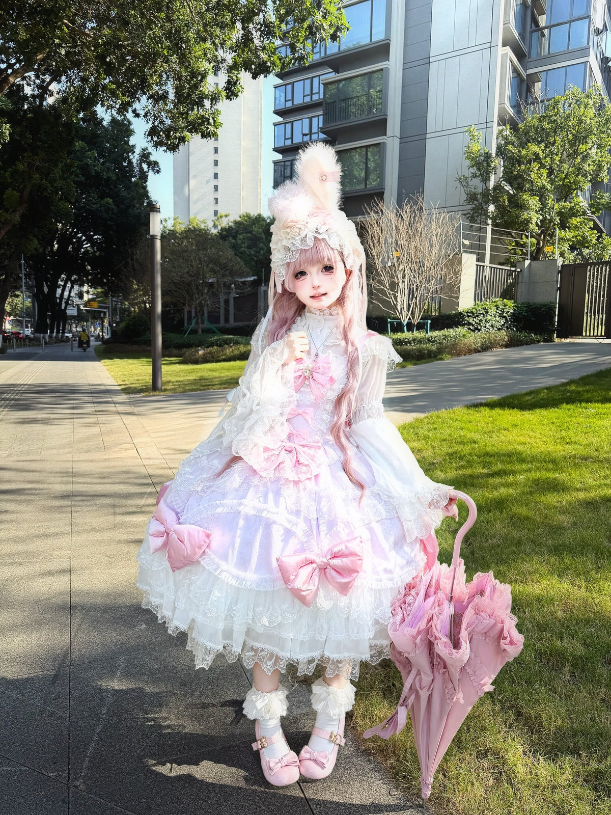 Pink-Purple Lolita JSK Suspender Dress with Train & Headband