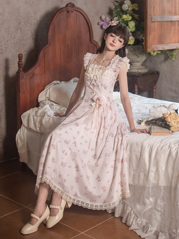 Graceful Pink Floral Lace JSK Dress with Brooch Set | CoyBunny