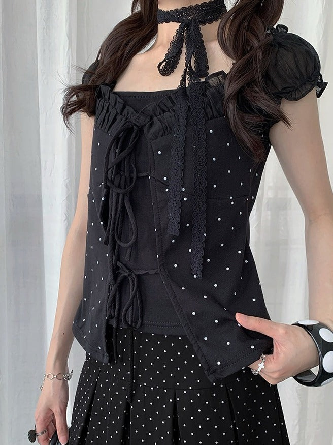 Black Square Neck Puff Sleeve Top with Tie Details - Solkatt | CoyBunny