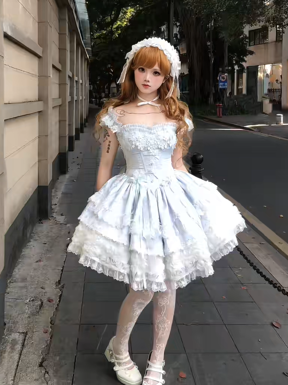 Hime Basque Flower Lace Layered Fluffy Lolita Dress Blooming with Blue Accents Waist | Sheer Ocean | CoyBunny