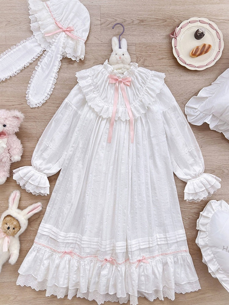 White & Pink Lace Lolita Dress with Bow - Tan Tuan | CoyBunny