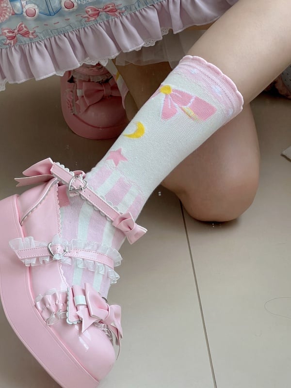 Sweet Lolita Striped Calf Socks with Bow, Star and Moon Print | CoyBunny