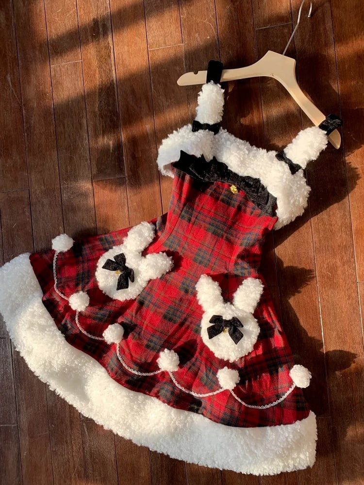 Red Plaid Pattern Winter Bunny Theme Christmas Lolita Dress Plush Neckline and Hemline | CoyBunny