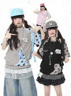 Gray Star Pattern Short Sleeve Top with Kitty Embroidery - Languid Park | CoyBunny