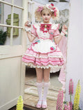 Strawberry Theme Sweet Lolita OP with Apron, Sakura Pink Striped Pattern - Sakurahime | CoyBunny