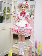 Strawberry Theme Sweet Lolita OP with Apron, Sakura Pink Striped Pattern - Sakurahime | CoyBunny