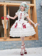 White Strawberry Princess Layered Ruffle Dress Sweet Lolita Jumper Skirt with Detachable Puff | CoyBunny
