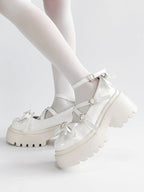White Platform High Heels with Heart Buckle and Bow - Rainie Dream | CoyBunny