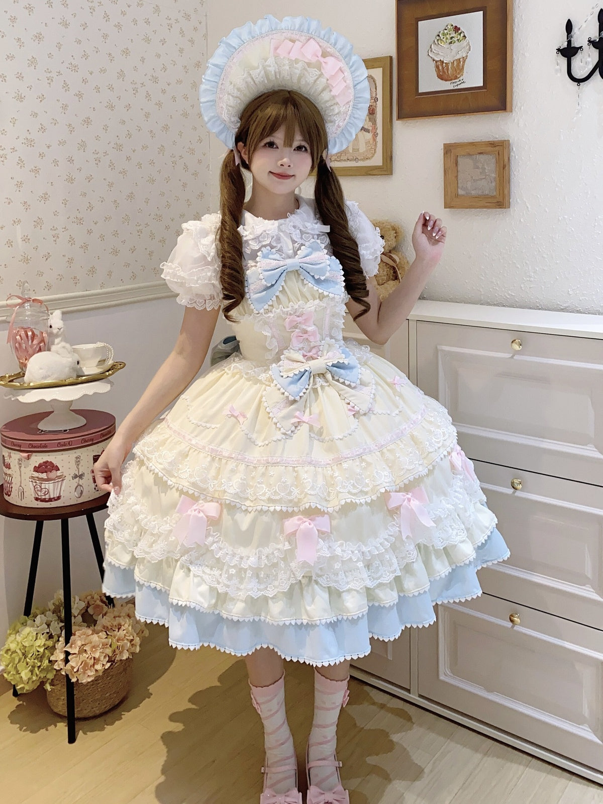 Cute Yellow Blue Lolita JSK Dress Set with Bonnet | Sweet Gown