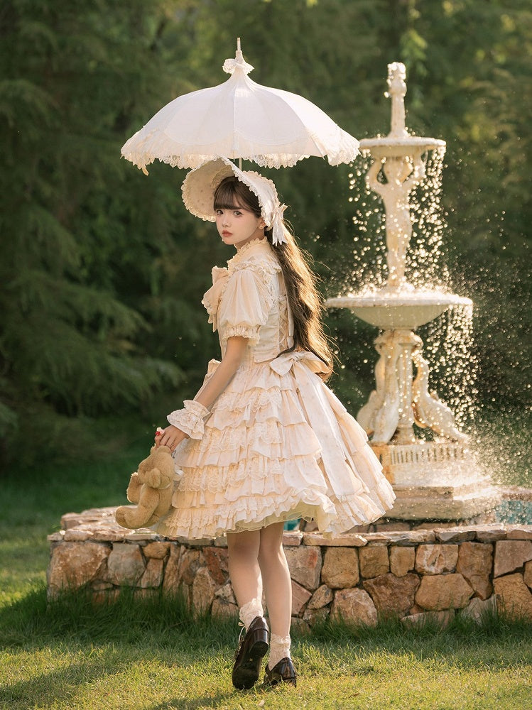 Beige and Brown Bunny Print Layered Ruffle Jumper Skirt with Bows - NnSTAR | CoyBunny