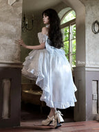 Hime Basque Flower Lace Layered Fluffy Lolita Dress Blooming with Blue Accents Waist | Sheer Ocean | CoyBunny