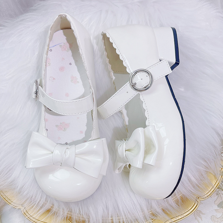 White Sweet Lolita Bow Block Heel Mary Janes by XIN MENG | CoyBunny
