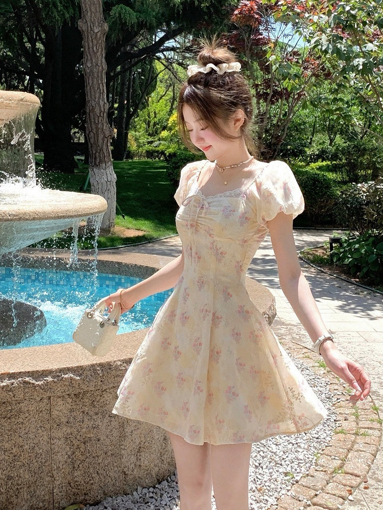 Yellow & Pink Floral Print Summer Holiday Dress - Qchiwawameme | CoyBunny