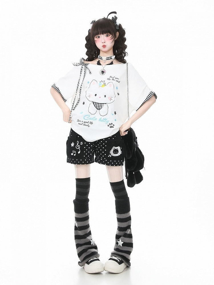 Black Polka Dot Shorts with Kitty & Music Embroidery - Languid Park | CoyBunny