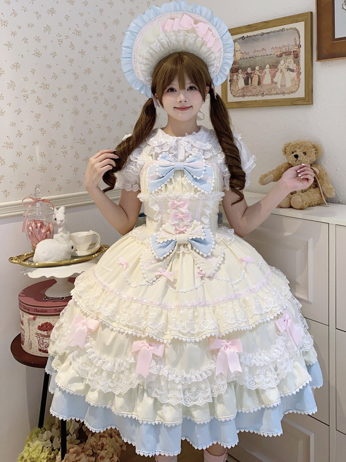 Cute Yellow Blue Lolita JSK Dress Set with Bonnet | Sweet Gown