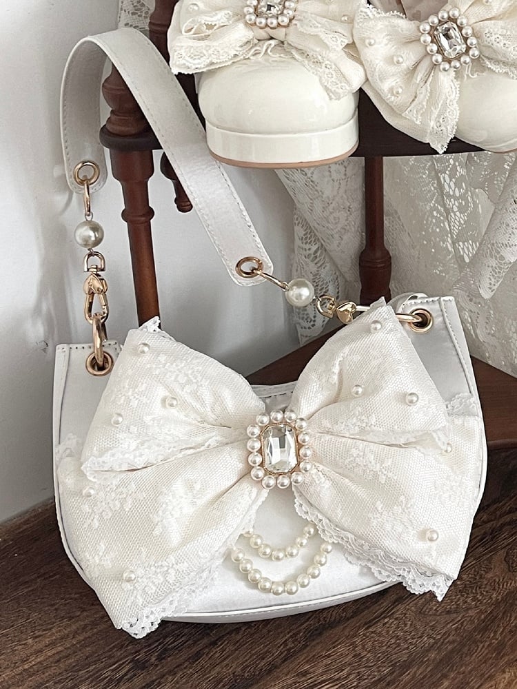 Sweet Lolita Satin Shoulder Bag with Sparkling Beaded Bow - Sheep Puff Bag | CoyBunny